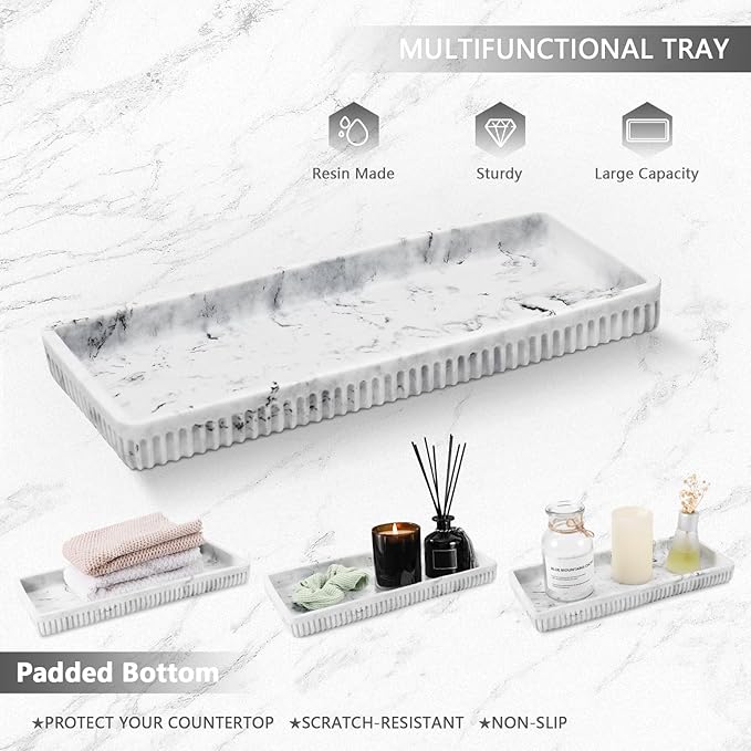 XLHOMO Resin White Marble Bathroom Accessories Set 5 Pcs, Lotion Soap Dispenser, Toothbrush Holder, Bathroom Tumbler, Qtip Holder and Vanity Tray, Bathroom Countertop Organizer Set for Home Apartment