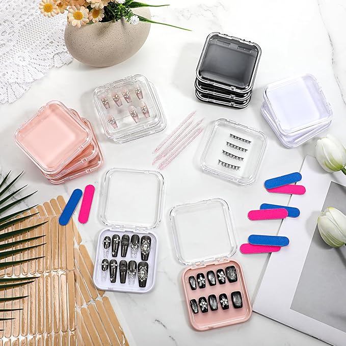 40 Pcs Press On Nail Packaging Box, 3 x 3 x 0.63 Inch Acrylic Nails Display Case with 60 Pcs Adhesive Double Sided Tape, Frosted Strip, Peritectic Rod Fake Nails Storage Case for Nail Salon