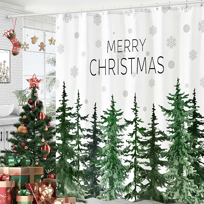 Accnicc Christmas Shower Curtain Winter Snowflake Pine Tree Shower Curtains for Bathroom Green Forest Xmas Trees Waterproof Fabric Bath Curtain Decor 72 X 72 Inch