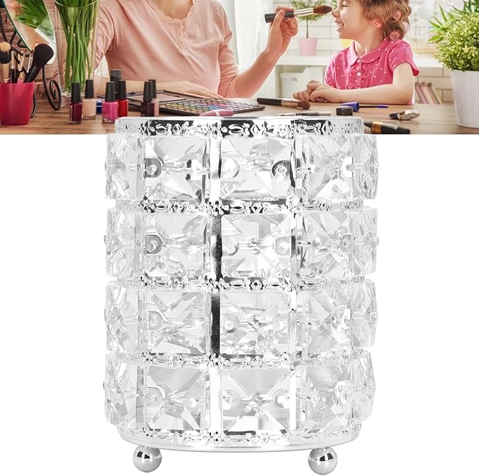 Pilipane European sty1e Rounded Crystal Glass Cosmetic Lunch Box for Bathroom Home Bedroom Office (Silver), Acrylic Makeup Brush Holder Lunch Box, Clear Pencil Pen Holder, Makeup Brush Holder