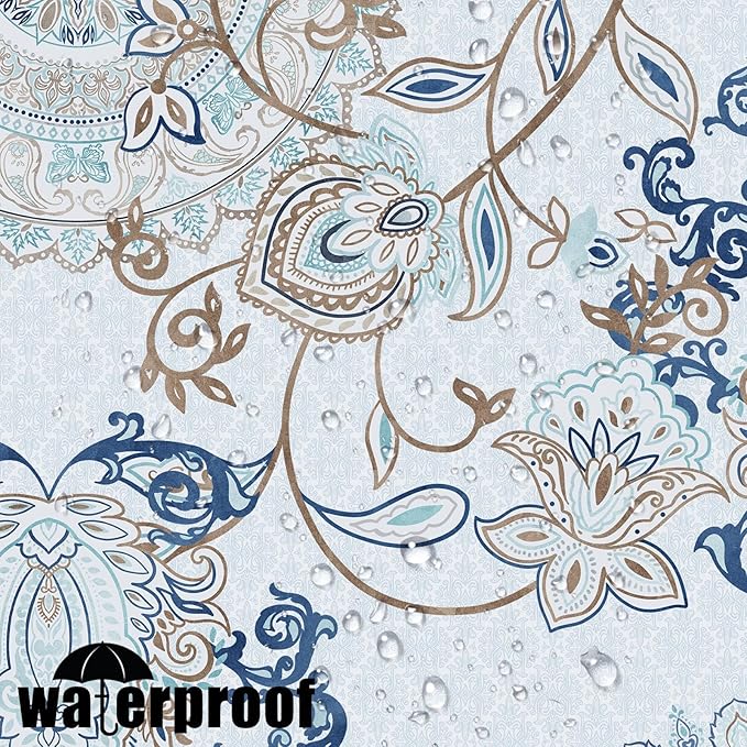 Neasow Light Blue and Navy Paisley Shower Curtain, Cool Teal Design Floral Bathroom Curtain Shower Curtains 72×72 inches