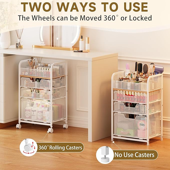 Makeup Cart Organizer with 3 Drawers, Under Desk Storage Drawers,Floor Skincare & Makeup Organizer, Vanity Storage for Cosmetics, Nail Polish, Perfume, Makeup Brushes, Hair Tools, White