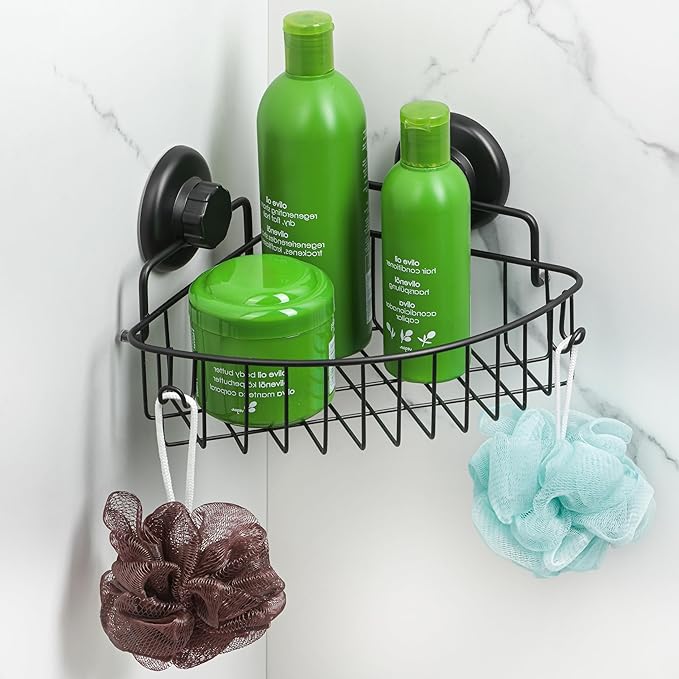 HASKO accessories Corner Shower Caddy with Suction Cup Shower Shelf with Hooks, Stainless Steel Bathroom Caddy, Wall Mounted Shower Basket for Bathroom, Adhesive 3M Stick Discs Included (Black)