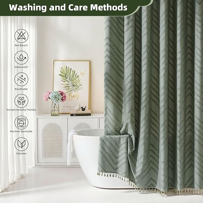 Extra Long Sage Green Boho Shower Curtain with Tassel, Woven Fabric 96 in Shower Curtain, Tufted Chevron Striped, 72 x 96, Modern Chic Textured Minimalist Bathroom Shower