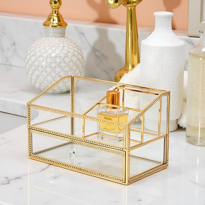 Vintage Gold Makeup Organizer - Glass Makeup Organizer Countertop Organizer for Make-Up Brushes Vanity, Tabletop Organizer Display Case for Bathroom, Vanity, Drawers GJB002