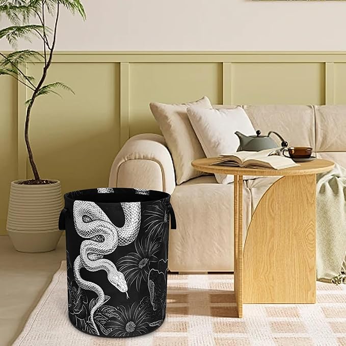 Snake Laundry Basket Floral Prints Funny Foldable Waterproof Oxford Cloth Tote Bag Laundry Hamper Round Large Clothes Storage Bucket Toy Organizer For Bathroom/Laundry Storage/Bedroom 18.9x16.5 Inch