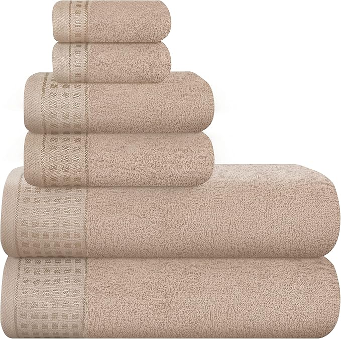 GLAMBURG 100% Cotton Ultra Soft 6 Pack Towel Set, Contains 2 Bath Towels 28x55 Inches, 2 Hand Towels 16x24 Inches & 2 Wash Coths 12x12 Inches, Compact Absorbent Lightweight & Quickdry - Tan