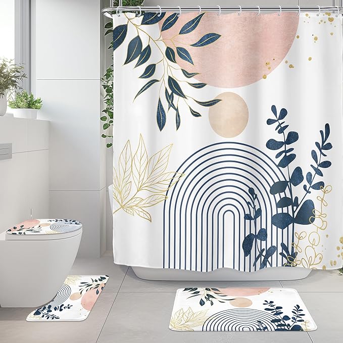 Riyidecor Boho Pink Navy Blue 4Pcs Shower Curtain Set with Toilet Lid Cover and Non-Slip Rugs, Mid Century Modern Minimalist Bathroom Decor Set，Abstract Contour and Bath Mat with 12 Hooks
