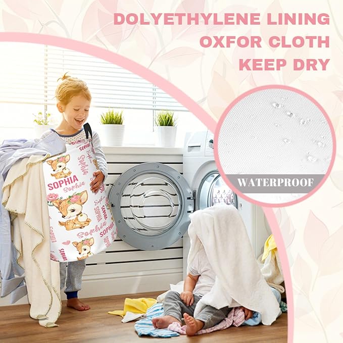Personalized Deer Laundry Baskets, Custom Deer Gifts with Customized Name, Collapsible Laundry Hamper for Kids Adults Home Decoration,16.5 X 13.8in