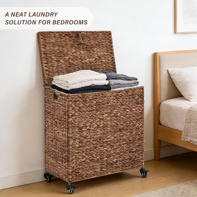Hand-Woven Laundry Basket with Wheels, Natural Water Hyacinth Laundry Hamper with Lid,Removable & Machine-Washable Liner 2-Section Clothes Hamper for Bathroom and Laundry Room(120L,Espresso)