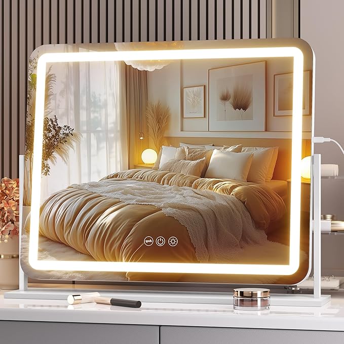 Hasipu Vanity Mirror with Lights, 24" x 20" LED Makeup Mirror, Light up Mirror with Smart Touch 3 Colors Dimmable, Brightness Adjustment, 360° Rotation (White)