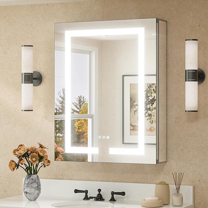 TETOTE 24 x 30 LED Lighted Medicine Cabinet with Lights & Outlets & USB, Recessed or Surface Mount Medicine Cabinet Mirror for Bathroom with Storage, Tempered Glass, 3-Color Dimming, Adjustable Shelf