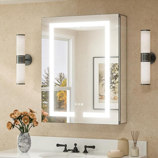 TETOTE 24 x 30 LED Lighted Medicine Cabinet with Lights & Outlets & USB, Recessed or Surface Mount Medicine Cabinet Mirror for Bathroom with Storage, Tempered Glass, 3-Color Dimming, Adjustable Shelf