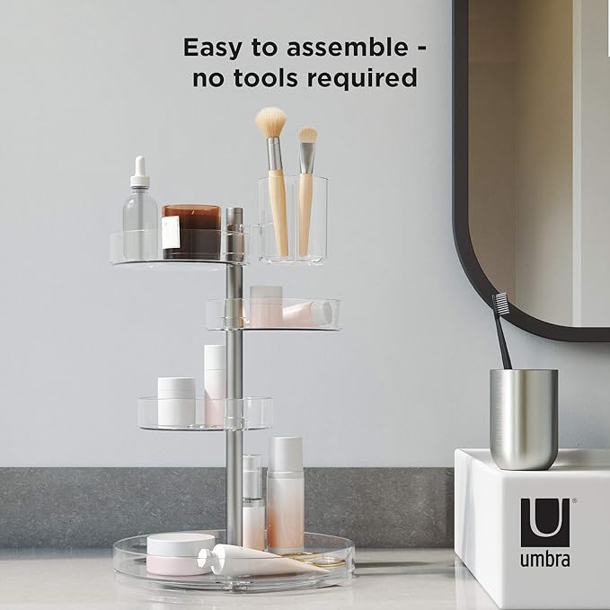 Umbra Pirouette Cosmetic Organizer, Large Capacity Makeup Storage with Adjustable Compartments, Clear/Nickel