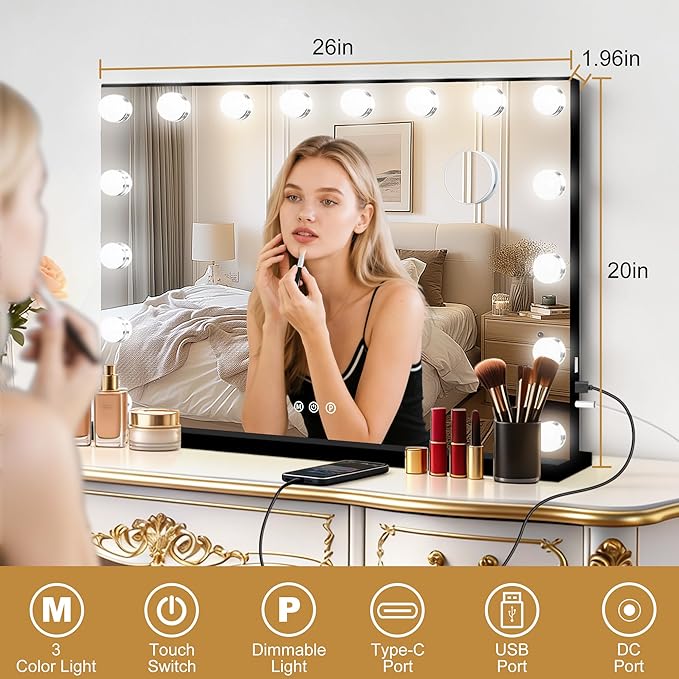 Moonee Black Vanity Mirror with Lights, Hollywood Lighted Makeup Mirror with 17 Dimmable Bulbs and 10X Magnification, 3 Colors Modes, Aluminum Metal Frame, Light Up Mirror for Tabletop/Wall（26" x 20"）