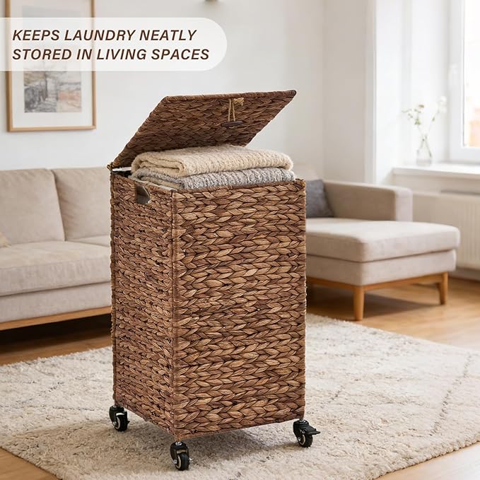 Hand-Woven Laundry Basket with Wheels, Natural Water Hyacinth Laundry Hamper with Lid, Removable & Machine-Washable Liner,Clothes Hamper for Bathroom and Laundry Room(65L,Espresso)