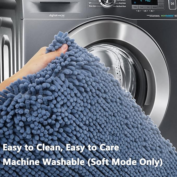BOANKODU Bath Rug Sets 2-Piece, Soft Chenille Bath Mat - U-shape (32x20 + 20x20 Inch) for Bathrooms, Non-Slip, Machine Washable (Deep Blue)