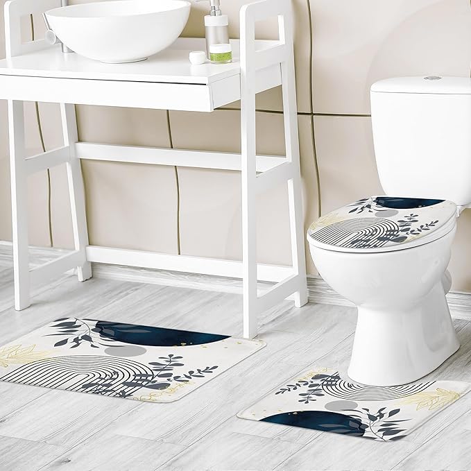 Riyidecor Mid Century Boho 4Pcs Shower Curtain Set with Toilet Lid Cover and Non-Slip Rugs,Modern Minimalist Navy Blue Bathroom Decor Set，Abstract Contour and Bath Mat with 12 Hooks