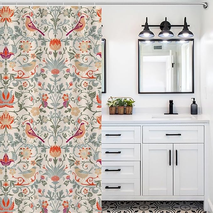 William Morris Flower Shower Curtain,Mid Century Vintage Flower Birds Elegant Animal Pattern Print Shower Curtains Sets Polyester Waterproof Fabric Decor Bathroom Curtain 66"×72" Inch With 12 Hooks
