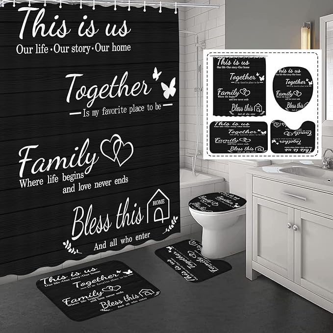 juwute 4Pcs Family Shower Curtain Sets with Non-Slip Rugs, Toilet Lid Cover and Bath Mat, Black Home Bathroom Decor Set Accessories Waterproof Shower Curtains with 12 Hooks, 72 x 72 Inch