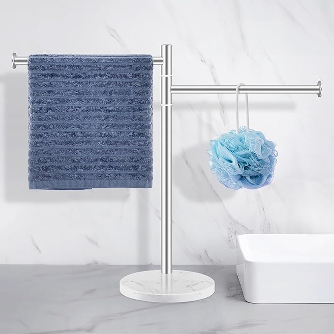 Hand Towel Holder for Bathroom, Stainless Steel Double Hand Towel Holder Stand with Marble Base for Kitchen Countertop, Freestanding Brushed Nickel 360?? Swivel 2 Arms Towel Bar Drying Rack, YOFOVI