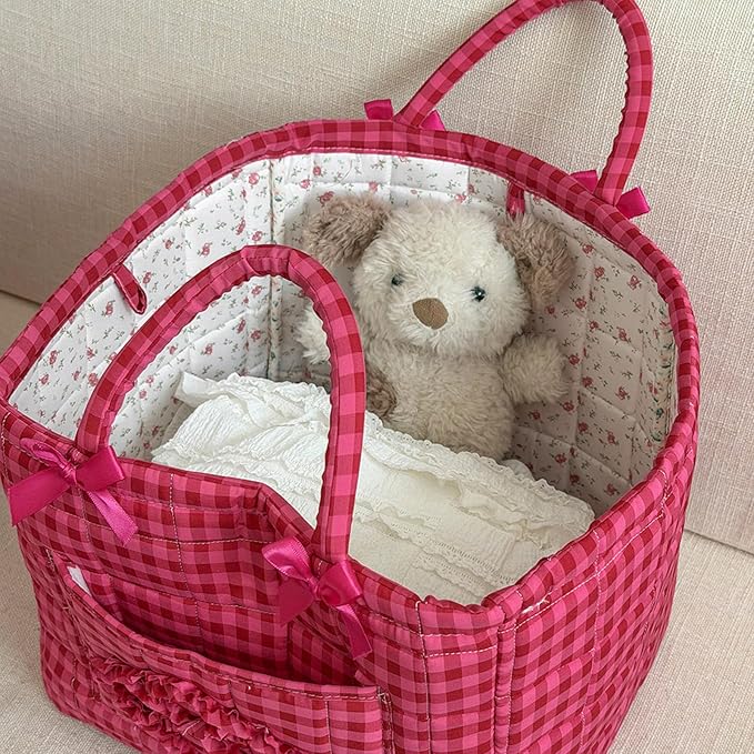 Quilted Fabric Basket Car Storage Basket Boho Floral Laundry Hamper for Nursery Bedroom & Living Room | Organize Clothes Toys (Hot Pink Gingham Check)