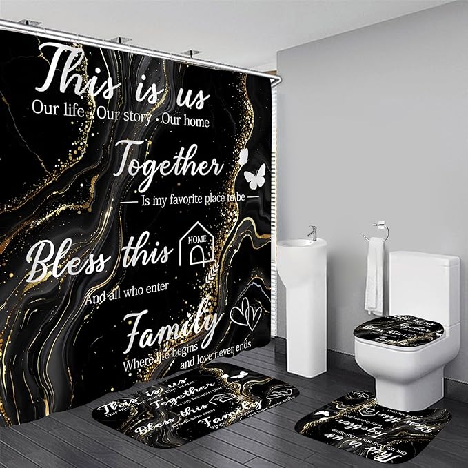 AZHM Family Shower Curtain Set Black Home Bathroom Set with Shower Curtain and Rugs and Accessories Marble Background Bathroom Decor with 12 Hooks