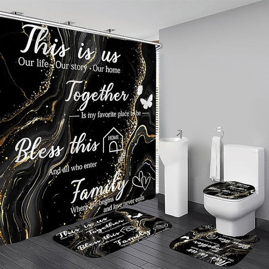 AZHM Family Shower Curtain Set Black Home Bathroom Set with Shower Curtain and Rugs and Accessories Marble Background Bathroom Decor with 12 Hooks