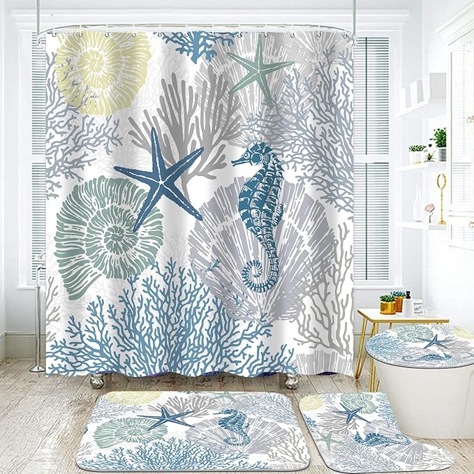 Nkzply 4 Pcs Beach Shower Curtain Set Blue Ocean Bathroom Sets with Shower Curtain and Rugs Seahorse Shower Curtains Set Seashell Starfish Bathroom Decor Accessories Coral Bathroom Rugs Set