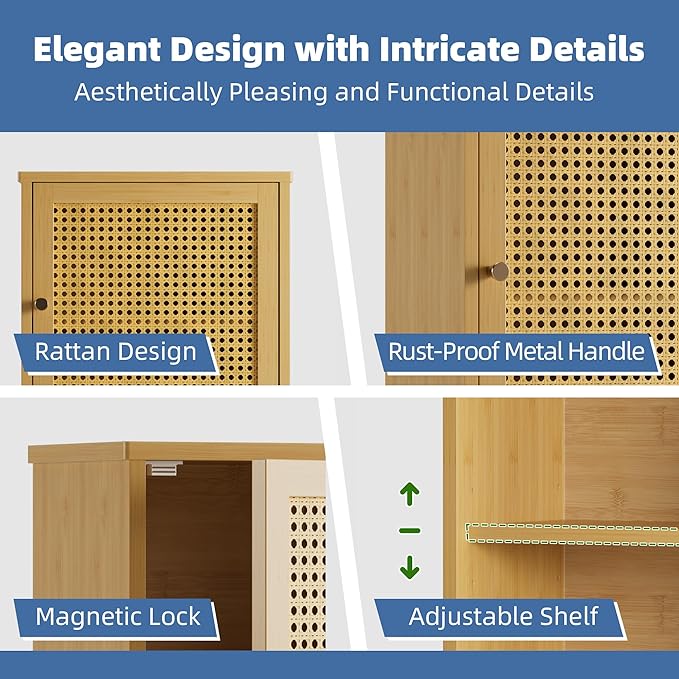 HITNET Bathroom Wall Cabinet, Rattan Medicine Cabinet, Bamboo Hanging Storage Organizer Over The Toilet with Adjustable Shelf for Living Room, Kitchen, Hallway(Natural)