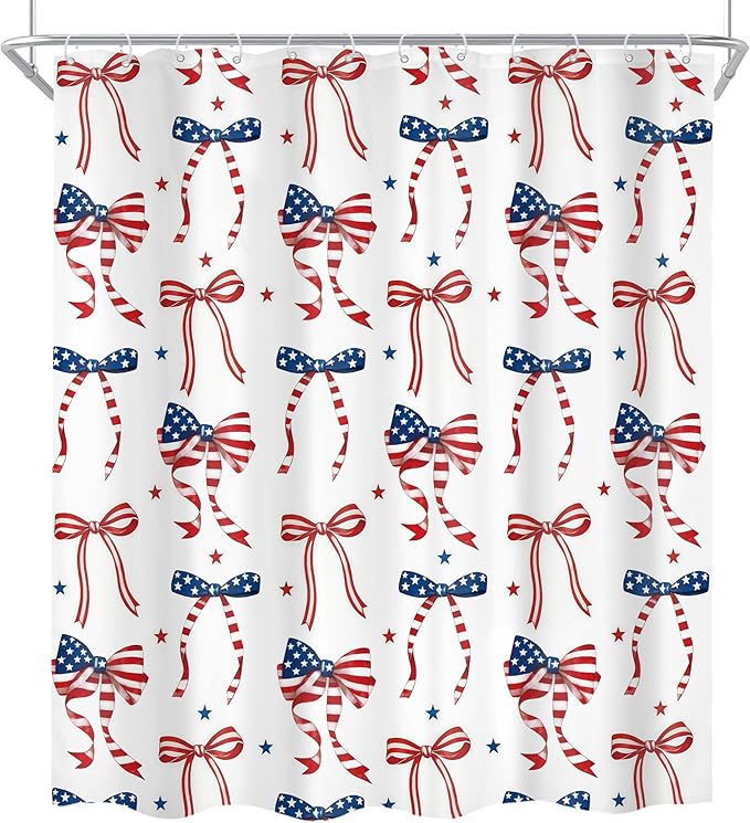 Cinbloo 4Pcs Independence Day 4th of July Shower Curtain Set, Red Blue Bow Coquette Patriotic USA American Flag Bathroom Curtain with Rug, Toilet Lid Cover, Bath Mat, Cute Shower Curtain with 12 Hooks
