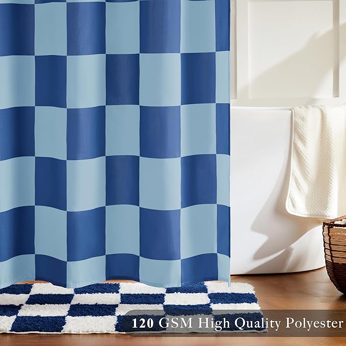 Checkered Shower Curtain, Shower Curtains for Bathroom, Cute Retro Checkboard Shower Curtain Vintage Aesthetic, Washable Fabric Bath Curtain (Double Blue, 72''x72''(183x183cm))