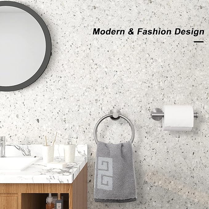 NearMoon 2 Pieces Bathroom Hardware Accessories, Towel Ring and Toilet Paper Holder- Stainless Steel Bath Towel Hanger and Hand Towel Holder, Wall Mounted (Brushed Nickel)