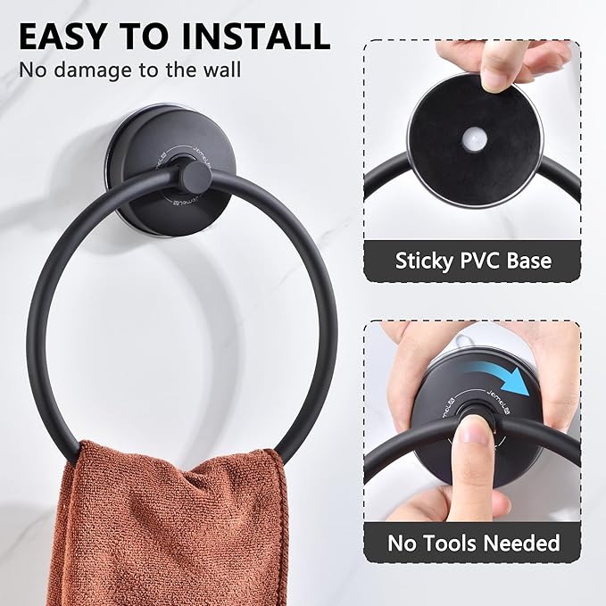 JOMOLA Towel Ring Suction Towel Holder for Bathroom Stainless Steel Kitchen Towel Rail Rack Drill Free Bath Towel Holder Bathroom Accessories Matte Black,2 PCS
