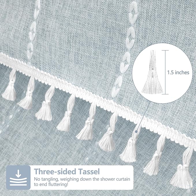 72 x 76 inch Extra Long Boho Chic Shower Curtain Heavyweight with Tassels, Soft Linen Textured Fabric Farmhouse Shower Curtain, Misty Blue Elegant Bathroom Decor Curtain Water Repellent