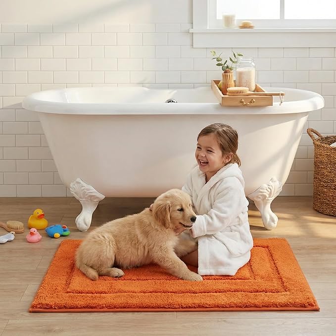 GRANNY SAYS Bathroom Rugs and Mats, 16" x 24" Non-Slip Bath Mat for Bathroom, Super Soft Absorbent Microfiber Bath Rug, Machine Washable and Dry, Small Orange Rug for Shower, Tub and Bath Floor
