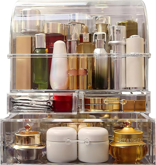 Clear Large Acrylic Makeup Organizer With Lid Cosmetic Storage Drawers Portable Makeup Organizers Dustproof And Waterproof Box For Women (14in)
