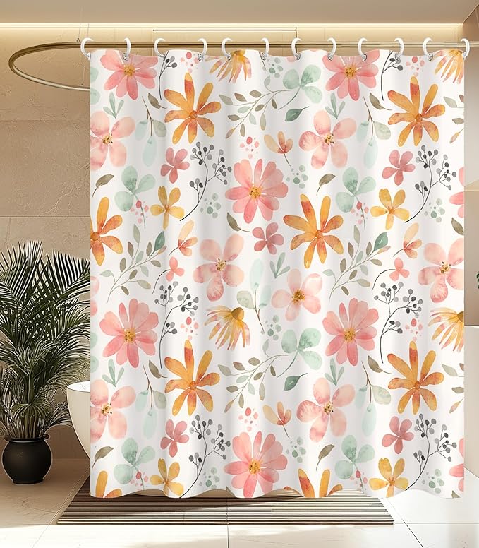 MAMUSE Shower Curtain for Bathroom - Cute Aesthetic Decorative Modern Girly Unique Girls Design Pretty Women Waterproof Fabric Cloth Cortinas de Baño Bathtub 72 x 72 Inch, Orange Floral