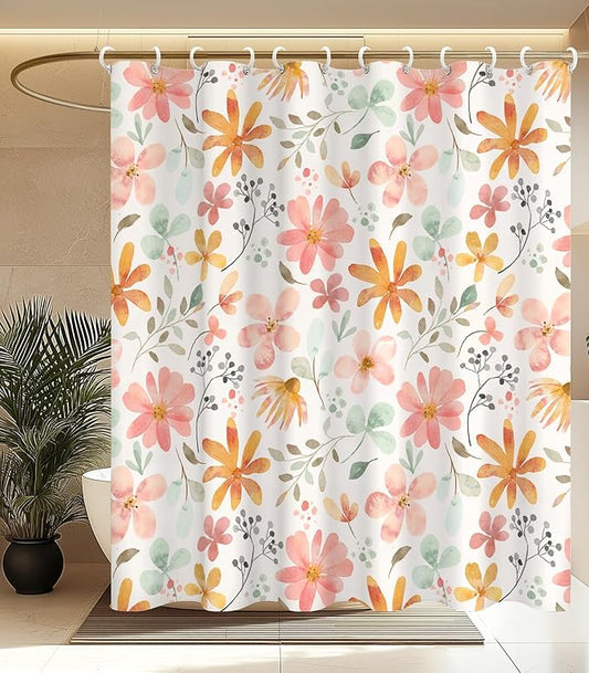 MAMUSE Shower Curtain for Bathroom - Cute Aesthetic Decorative Modern Girly Unique Girls Design Pretty Women Waterproof Fabric Cloth Cortinas de Baño Bathtub 72 x 72 Inch, Orange Floral