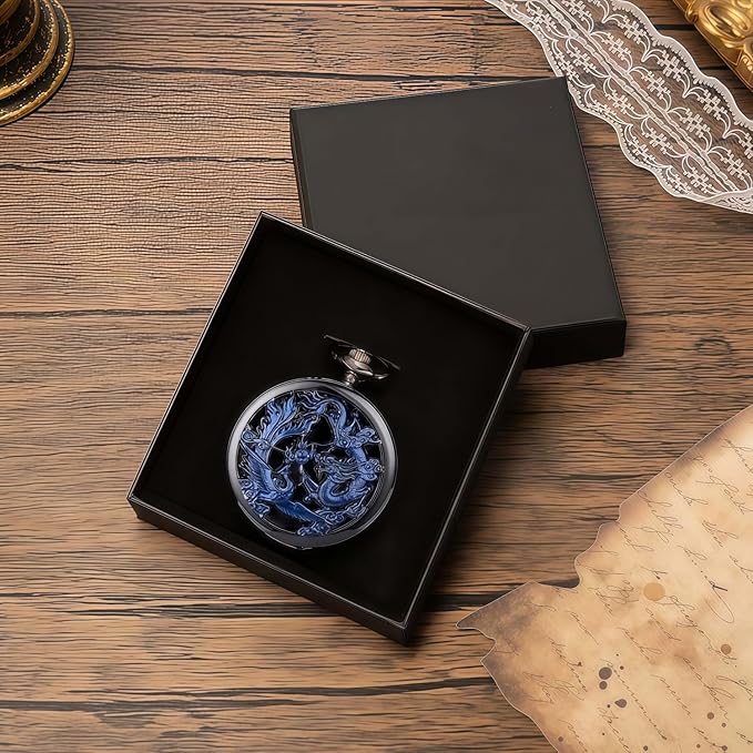 ManChDa Scrying Mirror Black Obsidian Mirror Lucky Dragon & Phoenix Pocket Watch Shell Witchcraft Kit Wiccan Supplies and Tools Witchy Gifts, Black Blue