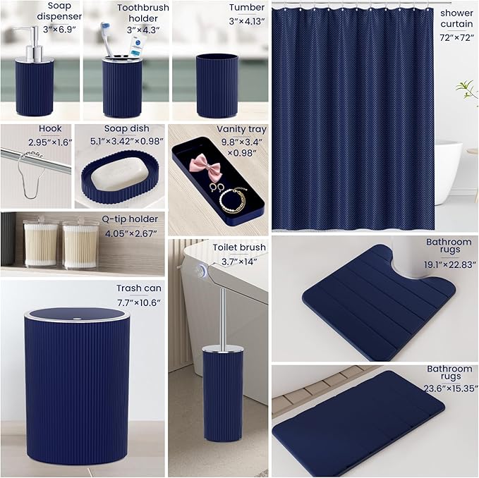 Navy Blue Bathroom Accessories Set - Bathroom Sets, 25PC Bath Accessory Set, Bathroom Sets with Push Top Trash Can, Shower Curtain and Rugs, Toilet Brush, Trash Can & Soap Dispenser
