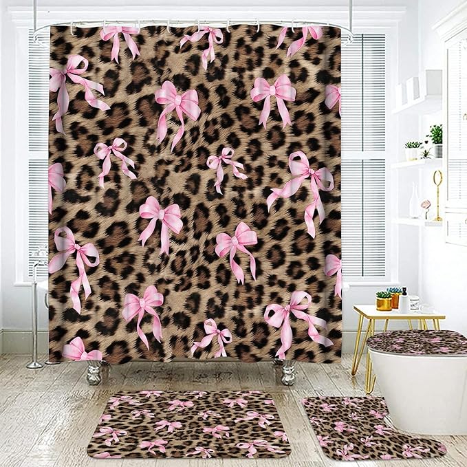 Onalasyc 4 Pcs Leopard Shower Curtain, Cheetah Bow Print Bathroom Set Shower Curtain Sets with Rugs, Waterproof Brown Pink Bow Animal Print Bathroom Curtains Shower Set,12 Pcs Hook,71 x 71 in