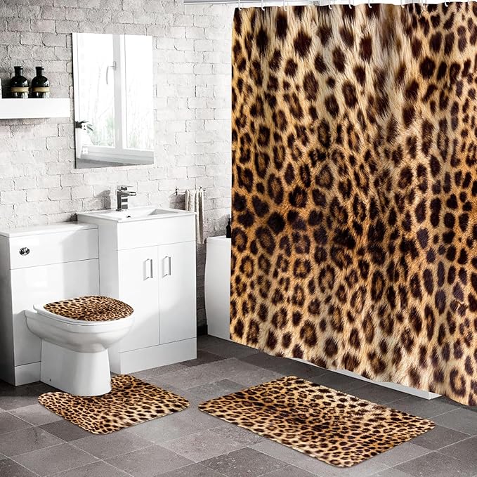 4 PCS Leopard Shower Curtain Cheetah Print Shower Curtain Sets Non Slip Bathroom Rugs Soft Plush Bath Mat Toilet Lid Cover Animal Print Shower Curtain with 12 Hooks for Bathroom Tub, Brown