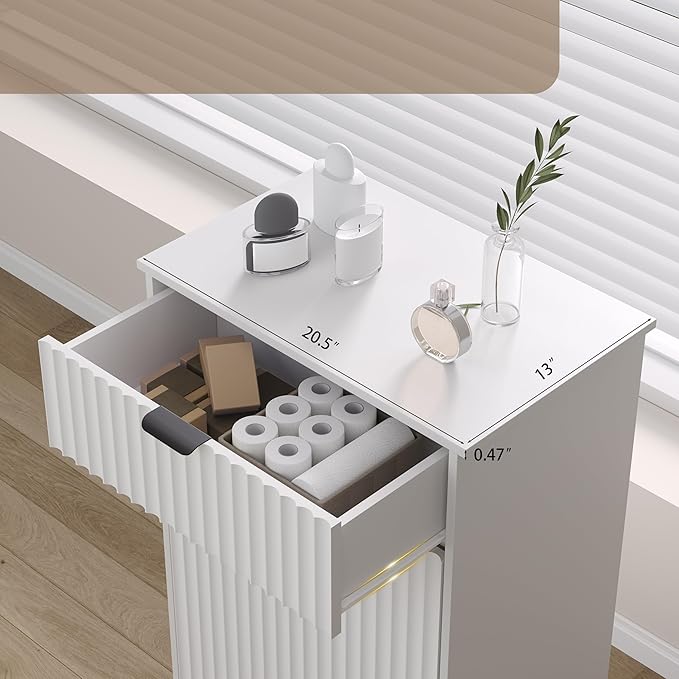 Wodeer Tilt Out Laundry Hamper Cabinet with Storage and Drawer, 10 Gallon Fluted Hidden Trash Can Cabinet, Farmhouse Wood Laundry Basket Cabinets for Bathroom, Kitchen, White