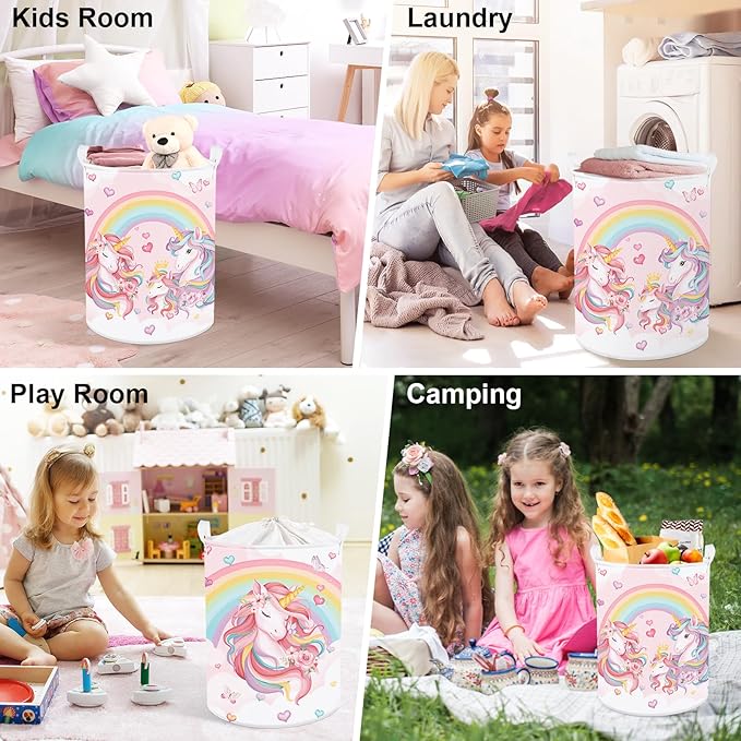 Clastyle 45L Large Pink Unicorn Rainbow Kid Laundry Hamper for Girl Collapsible Heart Butterfly Clothes Toy Nursery Storage Basket with Lid