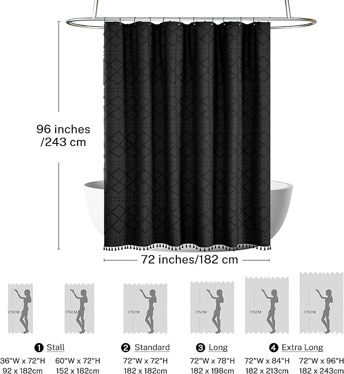 Extra Long Boho Black Shower Curtain with Tassels, 72 x 96, Tufted Chevron Striped Chenille Woven Fabric Cloth Shower Curtain Modern Farmhouse Minimalist, Shabby Chic Textured for Bathroom