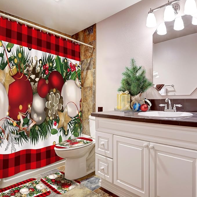 Drydiet 4 Pcs Christmas Bathroom Sets Christmas Ball Shower Curtain Set with Non Slip Rug Toilet Lid Cover Bath Mat with 12 Hooks Red Black Buffalo Check Plaid Xmas Bathroom Shower Decor 71 x 71 Inch