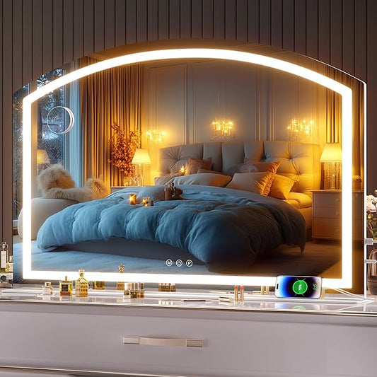 Hasipu 48" x32” Arch Vanity Mirror with LED Lights - Makeup Mirror with 10X Magnification, USB Charging Port & 3 Dimmable Color Modes