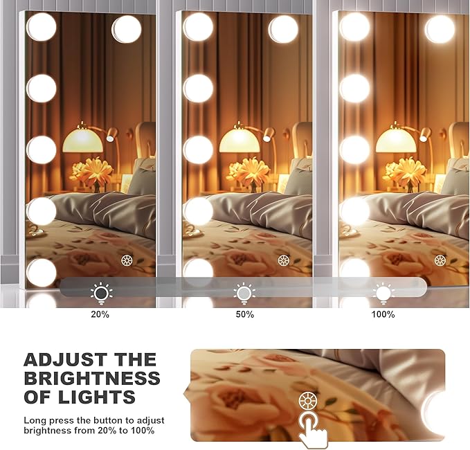 Hasipu Vanity Mirror with Lights and Bluetooth Speaker, 17.7" x 13.8" Hollywood Mirror, Makeup Mirror with 14 Dimmable Bulbs and 10X Magnification, 3 Colors Modes, 360° Rotation, White