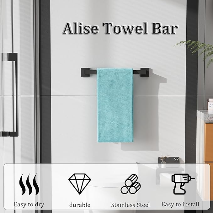 Alise Black Towel Bar, 16 Inch Towel Racks for Bathroom, SUS304 Stainless Steel Towel Holder Wall Mounted, Heavy Duty Towel Hanger for Bathroom & Kitchen (Matte Black)